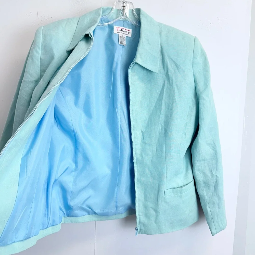 Talbots Vintage 100% Irish Linen‎ 2 Piece Pant Suit Light Blue Zip Jacket Size 8
